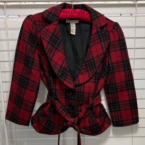 Forever Women's vintage red/black wool blend plaid peplum festive jacket; size S